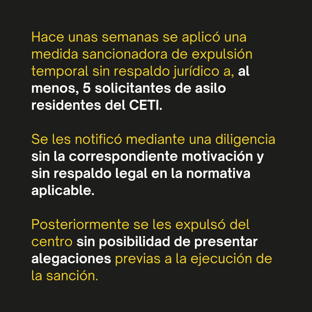 SolidaryW's tweet image. ⚠️SOLICITANTES DE ASILO SON EXPULSADOS DEL CETI DE MELILLA EN BASE A UNA SANCIÓN SIN RESPALDO LEGAL⚠️
Denunciamos que hace unas semanas se aplicó una medida sancionadora de expulsión temporal sin respaldo jurídico a, al menos, 5 solicitantes de asilo residentes del #CETIdeMelilla