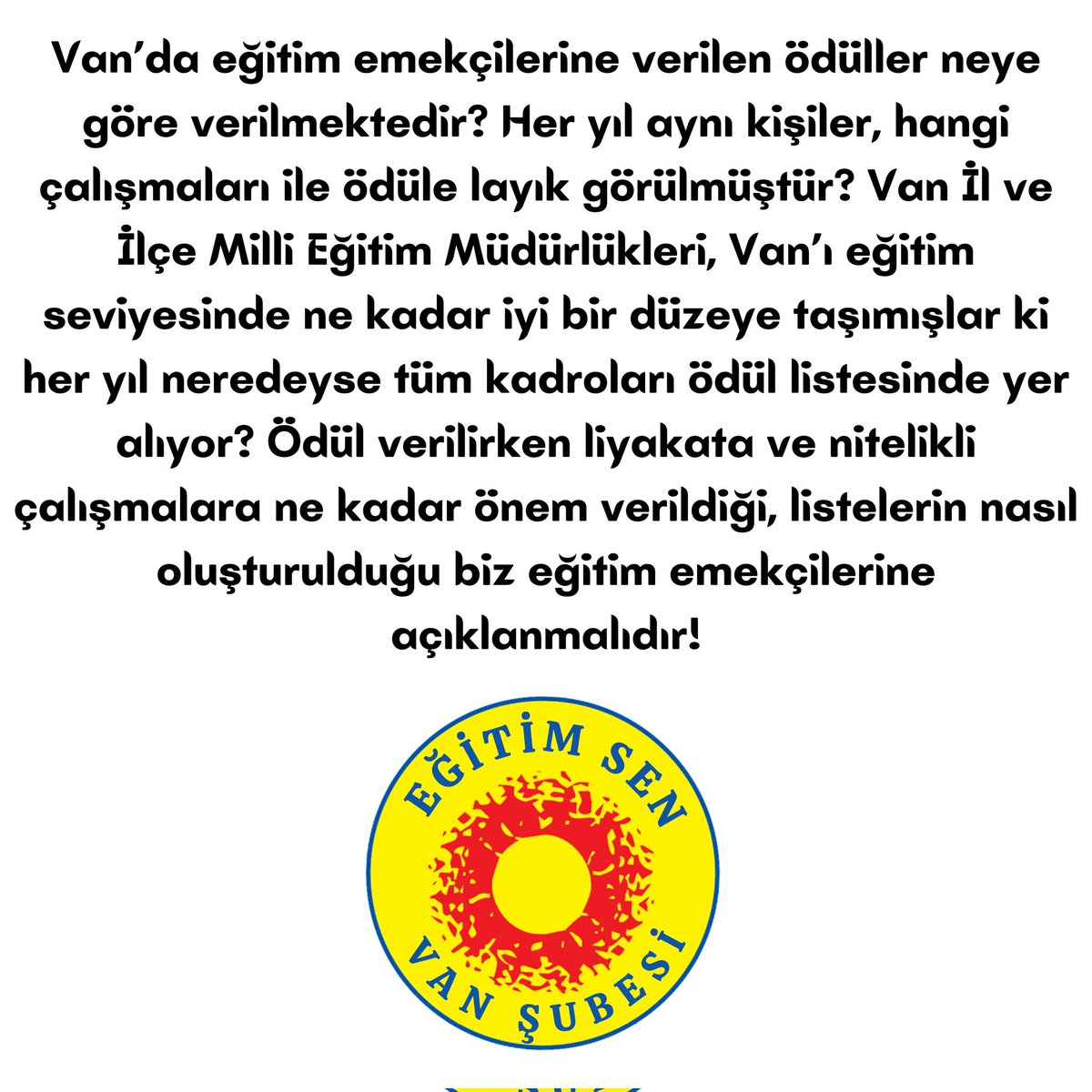 Van İl ve İlçe Milli Eğitim Müdürlüklerinin eğitim emekçilerine vermiş olduğu ödüllere dair sendikamızın değerlendirmesidir.
<a href="/VanilMem/">Van İl Milli Eğitim Müdürlüğü</a> 
<a href="/tcvanvaliligi/">T.C. Van Valiliği 🇹🇷</a> 
<a href="/tcmeb/">Millî Eğitim Bakanlığı</a> 
<a href="/egitimsen/">Eğitim Sen</a>