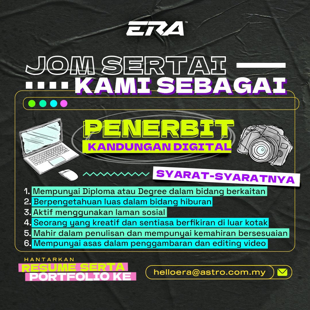 Korang ada skill dalam content sosial media dan mempunyai idea-idea yang kreatif. Jom join kitaorang sebagai Penerbit Kandungan Digital, hantar resume korang di helloera@astro.com.my ! 💚 #sharERA #ERARadioNo1PalingLegit