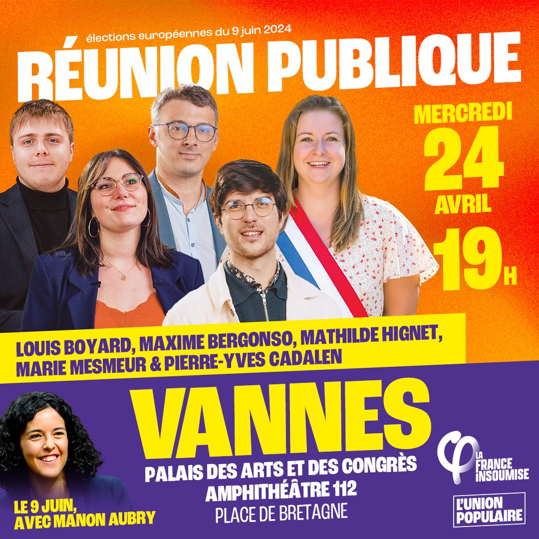 MarieMesmeur's tweet photo. Après le succès de la manifestation régionale contre l'extrême droite hier à Saint-Brieuc, où la @FranceInsoumise
était en nombre, on se donne RDV mercredi pour une réunion publique à Vannes en compagnie @LouisBoyard @MathildeHignet @MaximeBergonso et @pycadalen 

#UnionPopulaire https://t.co/vEsDWWiXAb