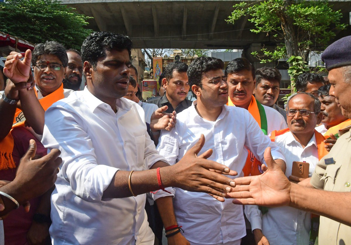 Former IPS officer & Tamil Nadu BJP president K Annamalai campaigns for Bangalore South candidate Tejasvi Surya in Jayanagar area. Annamalai was introduced to voters as the future CM of TN.