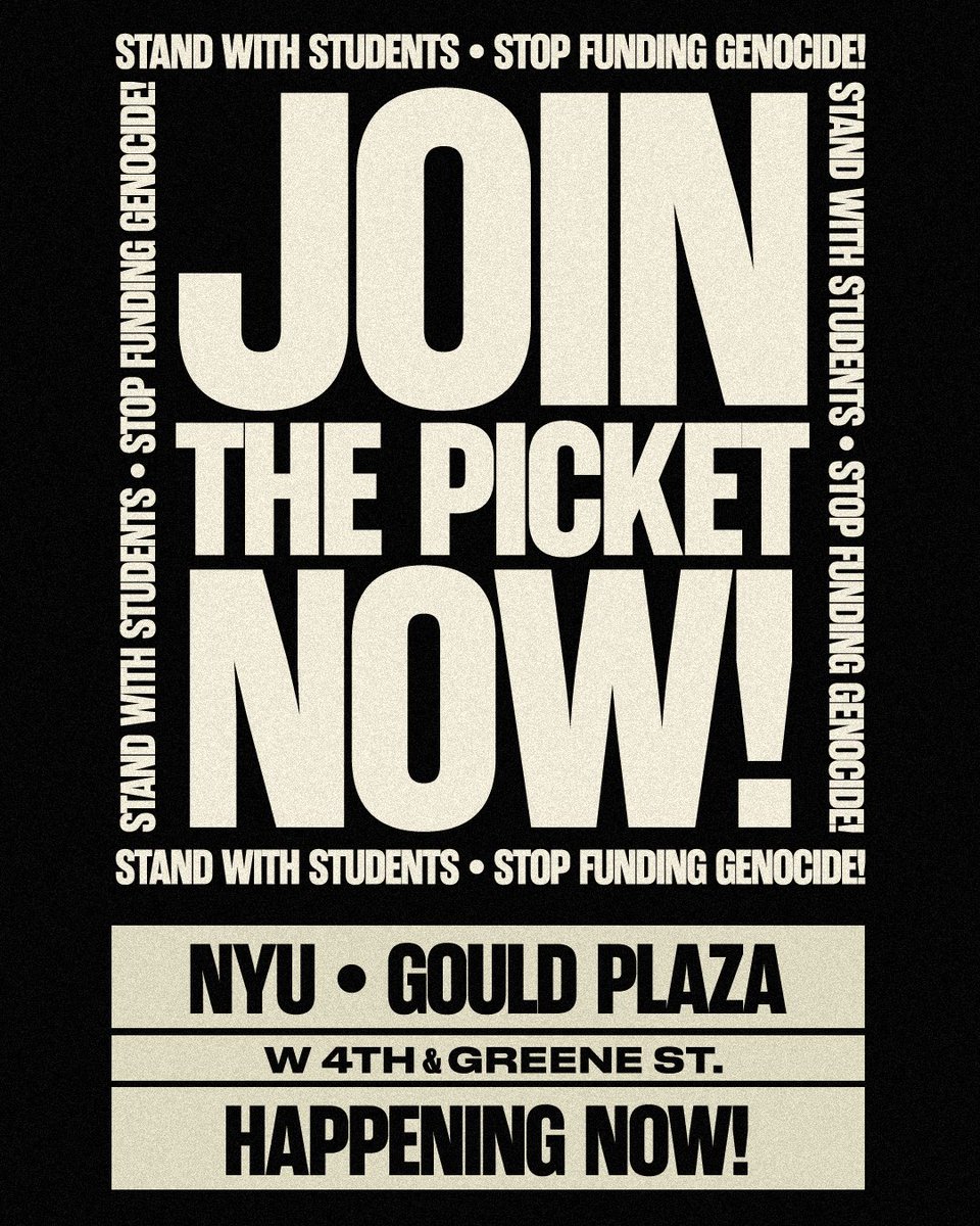 🇵🇸 RIGHT NOW: students at New York University have joined the wave of movement for Palestine on campuses across the country. ❗️SUPPORT THEM NOW! JOIN THE PICKET UNDERWAY! 📍Gould Plaza, NYU - W 4th & Greene St. ⏰ RIGHT NOW!