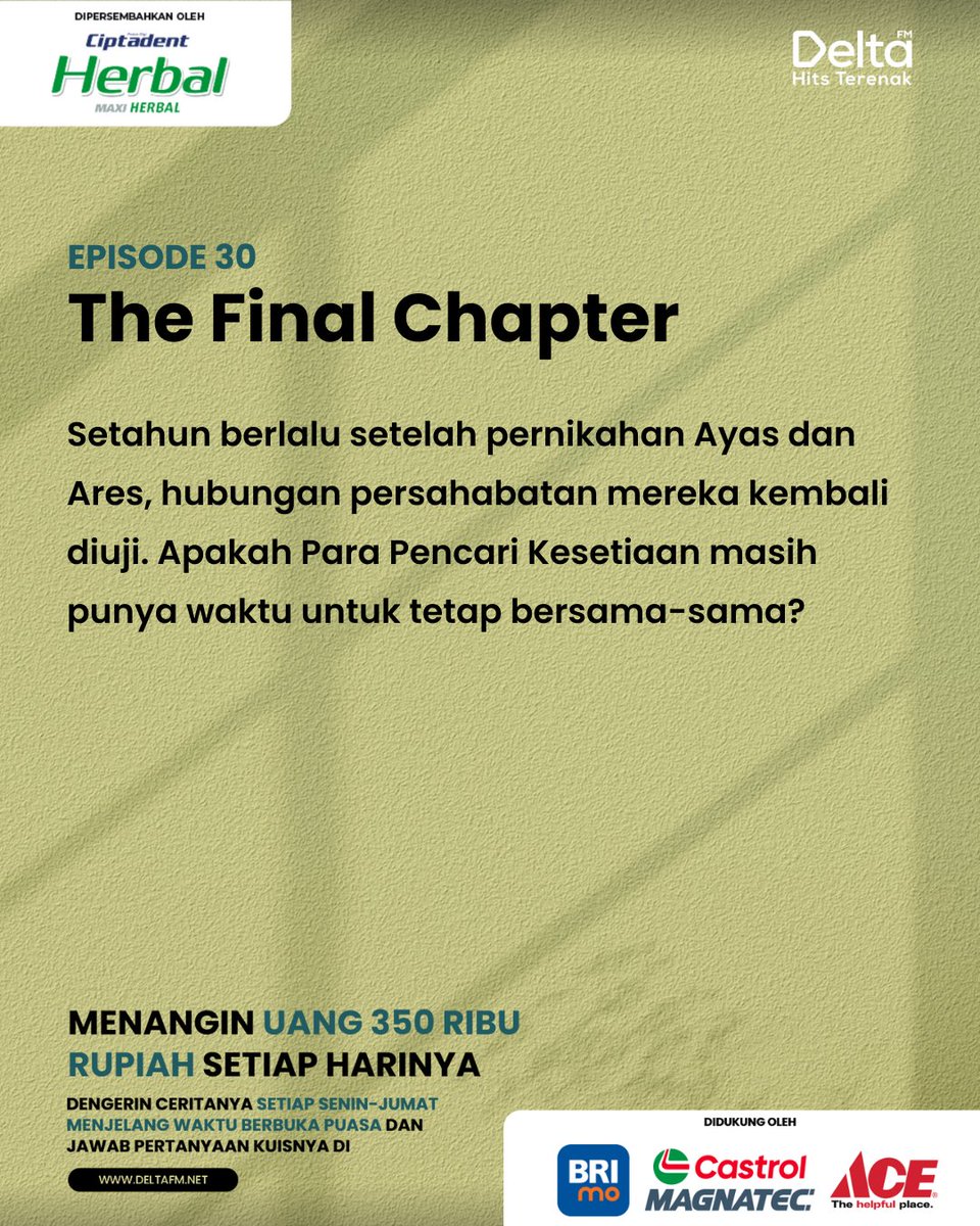 Buat kamu yang belum kebagian 350 ribu dari mimin, ini kesempatan terakhir kamu. Yuk buruan dengerin ceritanya dan menangin kuisnya ya!

Pertanyaannya ini nih:
Hadiah apa yang diberikan Ale kepada Ares?
A. IPHONE
B. IPAD PRO

Jawabnya di deltafm.net yaa!

#TheStories4