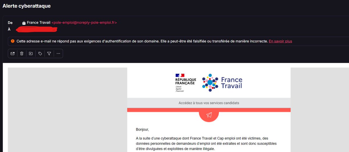 donc pour nous prévenir d'une cyberattaque, @FranceTravail utilise une adresse mail qui ne correspond aux exigences d'authentification du nom de domaine qui, soit dit en passant, pourrait clairement passer pour un domaine utilisé pour du spam. ca craint un peu