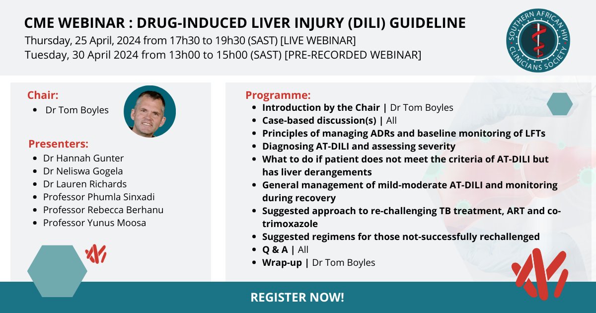 Join us for our CME webinar launching the Drug-Induced Liver Injury (DILI) guideline! Register here for Thursday us02web.zoom.us/webinar/regist… and here for Tuesday us02web.zoom.us/webinar/regist… #TB @Nmphothulo #HIV @HealthZA @TBAlliance