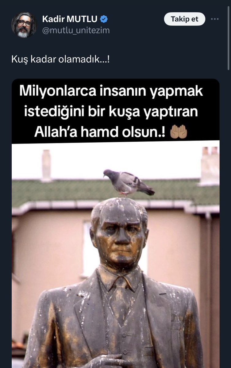 Ülke bu gün bu haldeyse bu iki ucubenin bu tarz kışkırtmasından dolayı… Biri Atatürk maskesi ile Türk düşmanlığı yapıyor diğeri Din maskesi ile Türk düşmanlığı yapıyor ikisinin de Türklüğe yada dine zerre faydası olmadığı gibi dağ gibi zararları var… yarın birine Atatürk