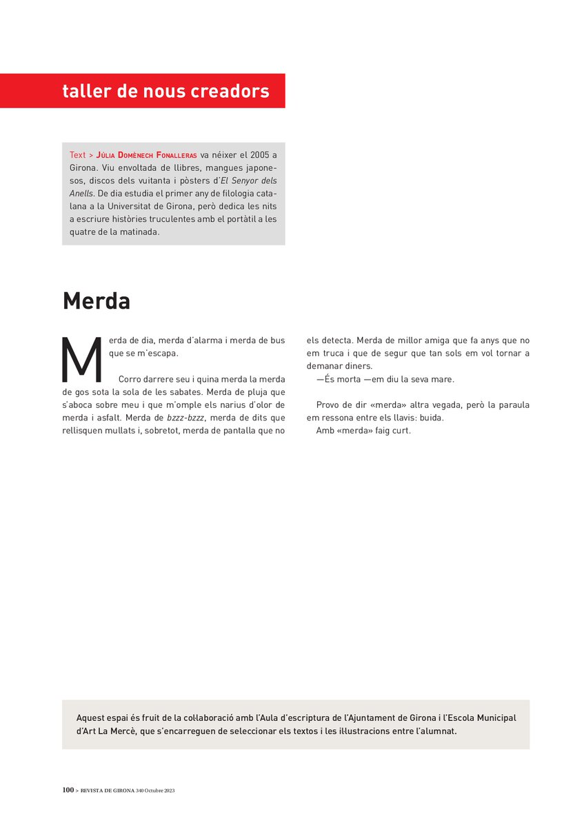 LaMerceGirona's tweet photo. "Merda de dia, merda d'alarma i merda de bus que se m'escapa."
🔖Així comença el relat "Merda", de Júlia Domènech Fonalleras, alumna de l'#AulaEscriptura i que pots llegir al nº 240 de la @RevistaGirona.🎨La il·lustració que l'acompanya és obra de Pep Giralt, alumne de l'#EMA_Gi https://t.co/UQR2fa9I11