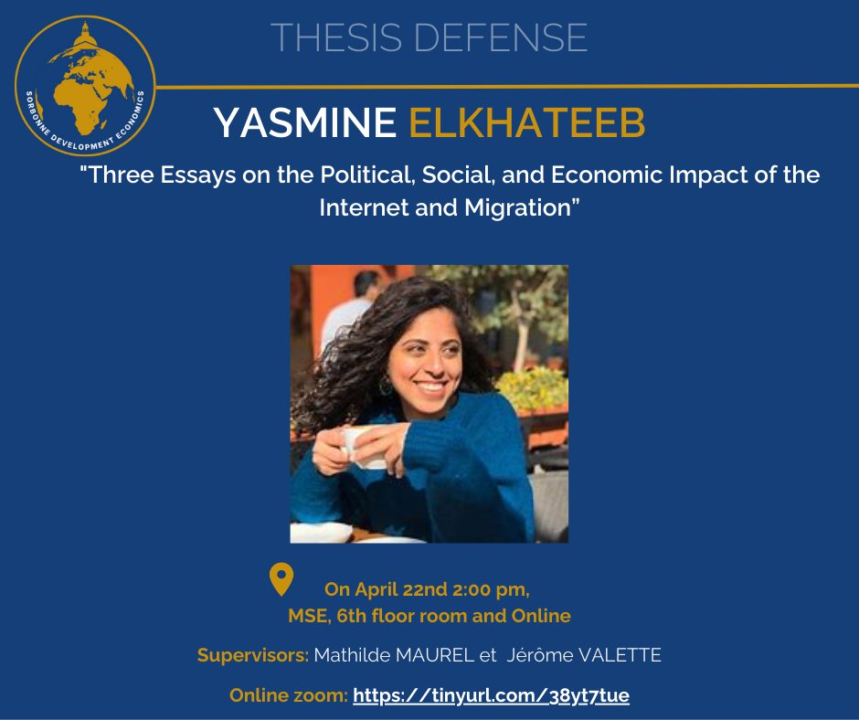 [ 🚨 THESIS DEFENSE - April 22ND 🚨 ]

🗓️Today, <a href="/ElkhateebY/">Yasmine Elkhateeb</a> is defending her #thesis supervised by Mathilde Maurel and @Je_Valette of <a href="/SorbonneDevEcon/">Sorbonne Development Economics</a> at @CESActu in <a href="/SorbonneParis1/">Université Paris 1 Panthéon-Sorbonne</a> 

Today at 2:00 pm, MSE, 6th floor room and online at 👇:
pantheonsorbonne.zoom.us/j/98396600318?…