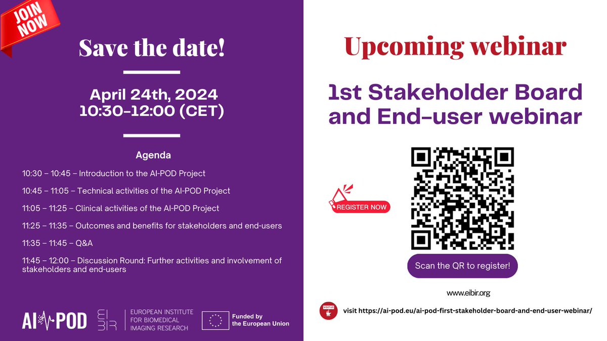 The first Stakeholder Board & End-User Webinar is coming up! Revolutionizing obesity-related disease prediction with AI. 🚀@EIBIR_biomed and @AIPOD_eu are paving the way for groundbreaking healthcare innovation. 📷📷 Save the date & secure your spot: 📅 buff.ly/3Ws6VpN