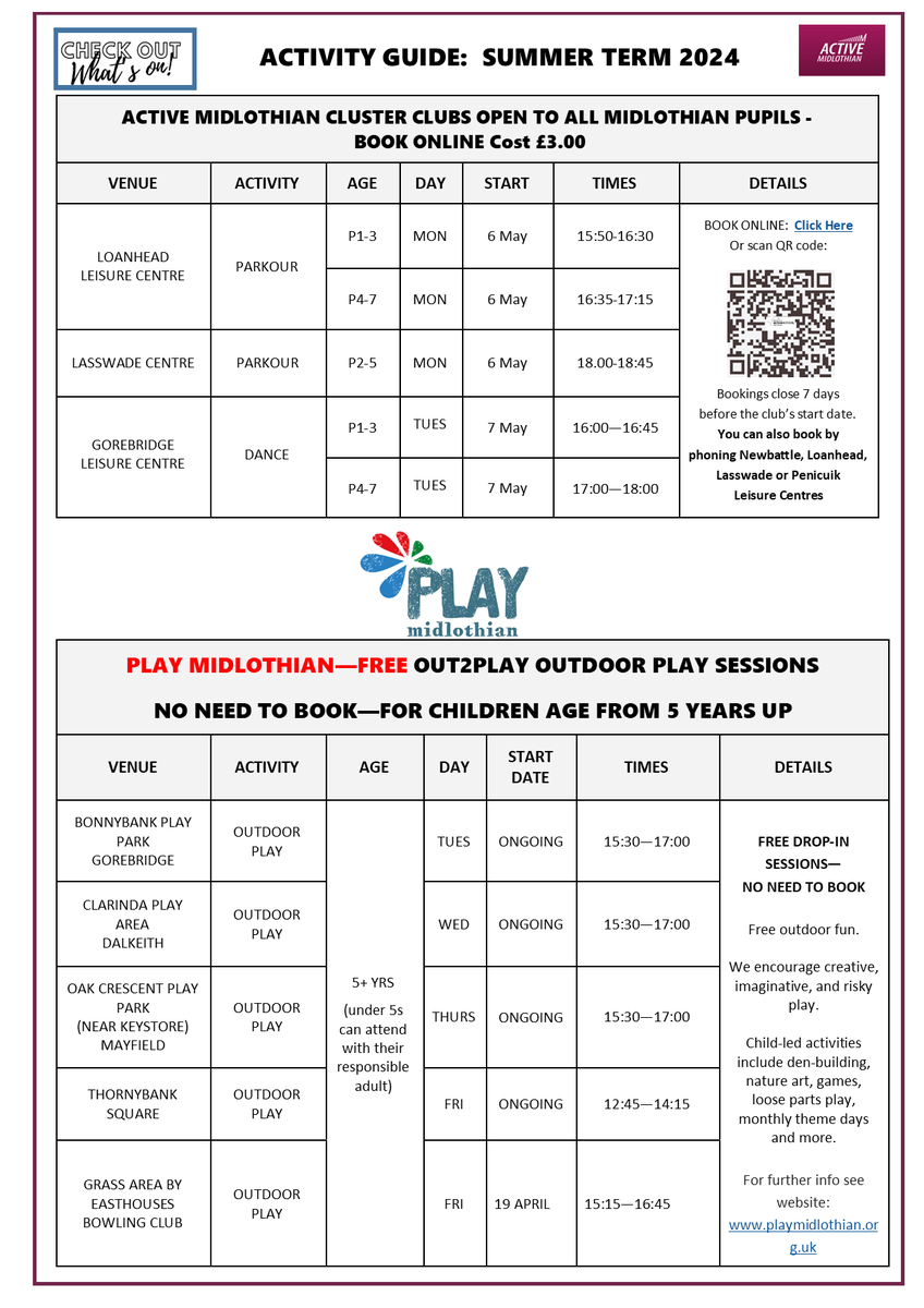 Active_Mid's tweet photo. SUMMER TERM CLUBS | BOOKINGS OPEN!

There are lots of sports &amp; activities on offer all across Midlothian this term!🤸⚽️💃🏀⛹️🏑🥋🎳🥊🏈
Parkour
Dance
Football
Basketball
Boxing 
Disability
Bowling
Judo
American Football
Hockey
Outdoor play

More info here: https://t.co/9MOiyneMN4 https://t.co/ygiPnkZTjj
