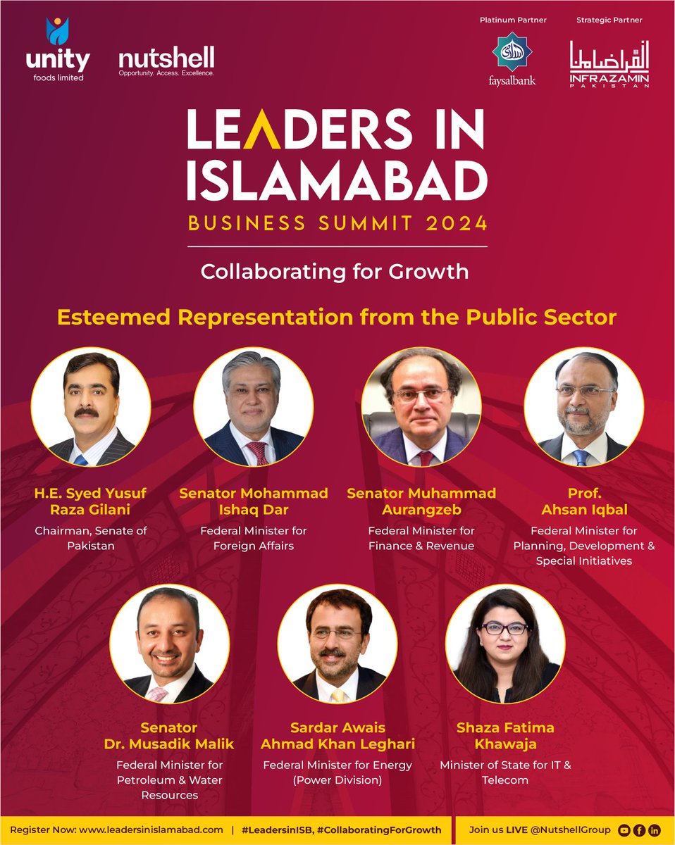 LEADERS IN ISLAMABAD BUSINESS SUMMIT - '#CollaboratingforGrowth,' will be graced by the esteemed presence of public sector representatives, including @YR_Gillani, Chairman, Senate of Pakistan; Senator @MIshaqDar50, Federal Minister for Foreign Affairs; @PASHAORG @ACCA_PK 1/6