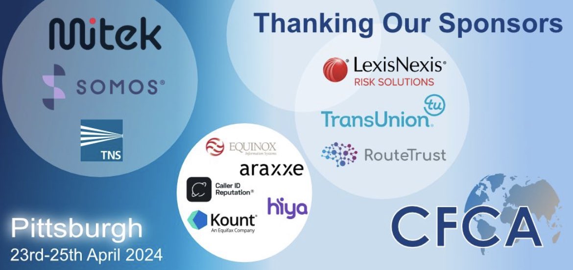 CFCAFraud's tweet photo. We thank our sponsors who allow us to undertake these amazing educational events that we organize throughout the year including the upcoming Spring Educational Event in Pittsburgh this week - Thank you! 👏👏👏
#GoToKnow #Disruption24 #Kudos #GivingThanks https://t.co/oJs6wO9t0b