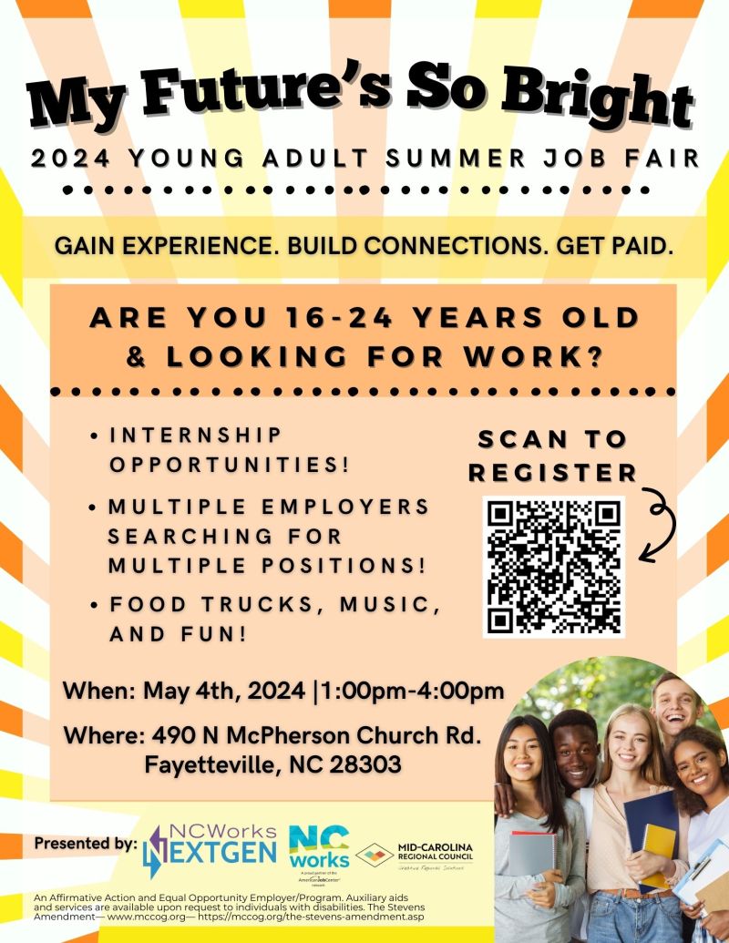 Dive into exciting opportunities at the #NCWorks NextGen 'My Future's So Bright' Young Adult Summer Job Fair - on Saturday, May 4, in Fayetteville! Open to 16-24-year-olds in Cumberland County, NC. Scan the QR code or use this link to register: form.jotform.com/240356310139044