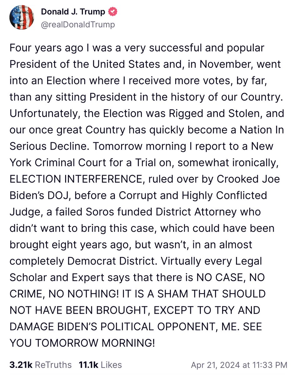 Trump was up late calling the 2020 election “rigged and stolen” and his trial a sham. It wouldn’t be surprising is he is caught nodding off again today. 😴 #SleepyDon