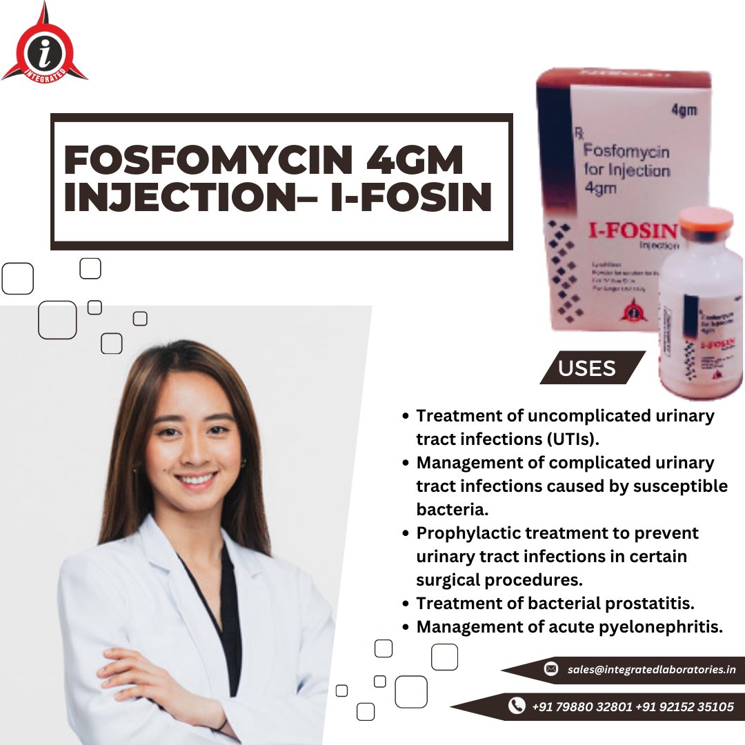 Fosfomycin 4gm Injection – I-FOSIN=
integratedlaboratories.in/product/fosfom…
🎉RAISE YOUR ORDER NOW
 We are WHO GMP-certified
 #manufacturers
 #followformore #pharmaceuticalcompany #pharmacompany #thirdpartymanufacturiing #pharmafranchise #IntegratedLaboratories