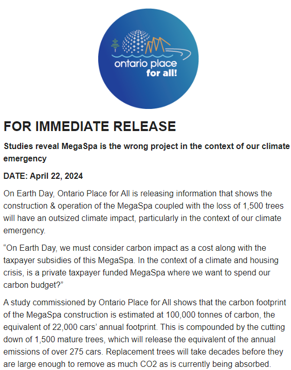 PRESS RELEASE: Studies reveal MegaSpa is the wrong project in the context of our climate emergency mailchi.mp/9b3612642fa6/p… #topoli #onpoli #Earthday2024 #ClimateEmergency #EarthDay