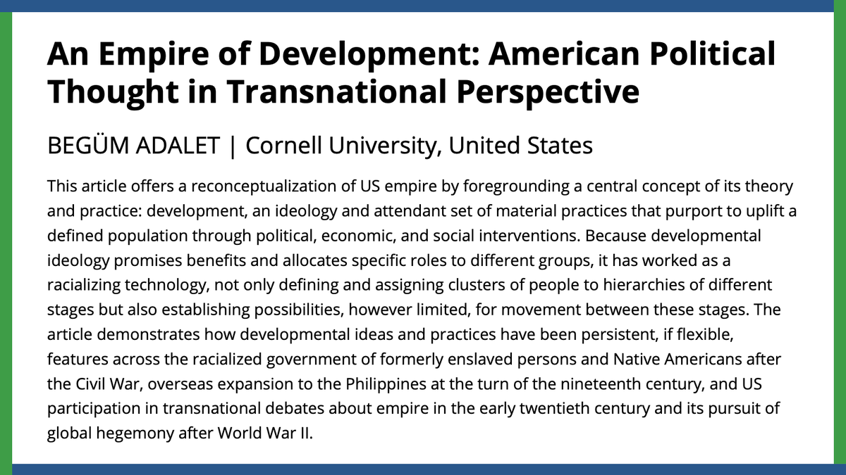 apsrjournal's tweet photo. Begüm Adalet reconceptualizes US empire by foregrounding development, an ideology and attendant set of material practices that purport to uplift a defined population through political, economic, and social interventions. Read more in #APSRFirstView.
#APSR
https://t.co/gZhQrU7Img https://t.co/2NDCRxOwqs