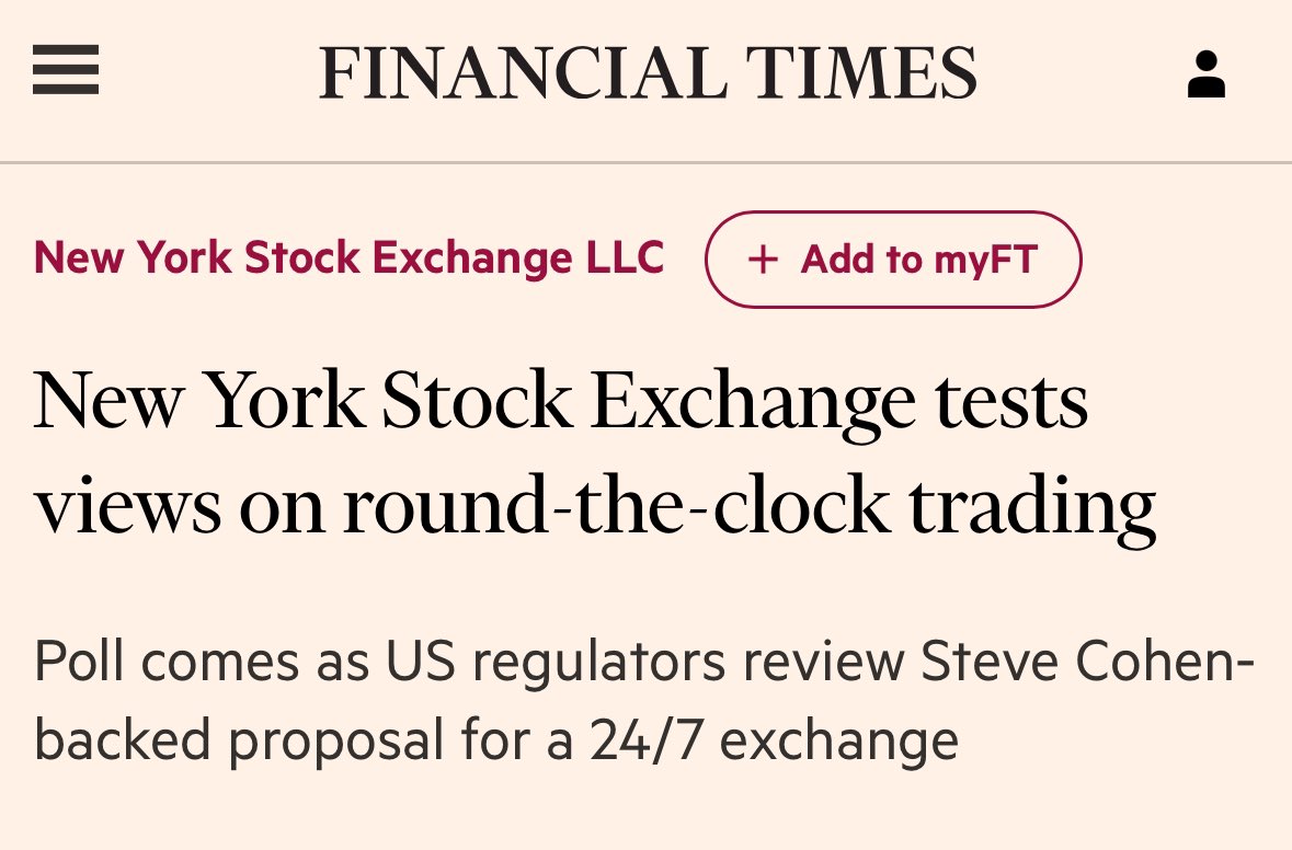 KobeissiLetter's tweet image. JUST IN: The New York Stock Exchange is considering a proposal for 24/7 trading, according to FT.

In other words, the stock market would never close much like crypto markets are now.

Should 24/7 trading be approved?