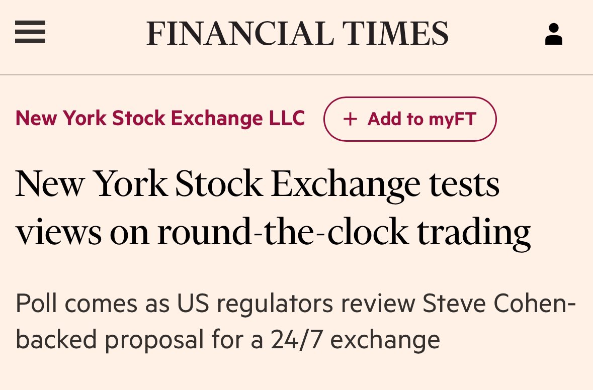 JUST IN: The New York Stock Exchange is considering a proposal for 24/7 trading, according to FT. In other words, the stock market would never close much like crypto markets are now. Should 24/7 trading be approved?