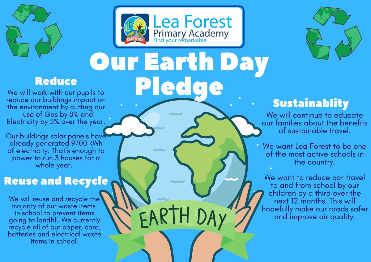 lea_forest_info's tweet photo. As part of #EarthDay we are focusing on how we can Reduce our impact on the climate and make sustainable choices to help improve our local environment. This is our #EarthDayPledge @AETAcademies @Lea_Forest_HT @lea_forest_aet @BirminghamEdu @TeamModeshift https://t.co/tz2DMJLXpX