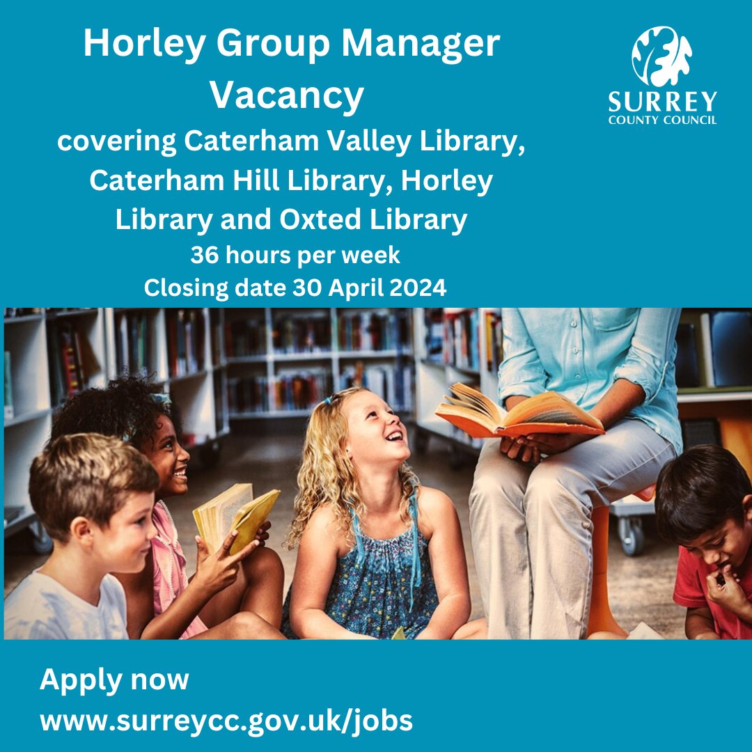 The opportunity to join our team as a 36 hour Group Manager for Caterham libraries, @HorleyLibrary and @OxtedLibrary closes tomorrow! Find out more and apply here: tinyurl.com/HorleyGM @SurreyLibraries