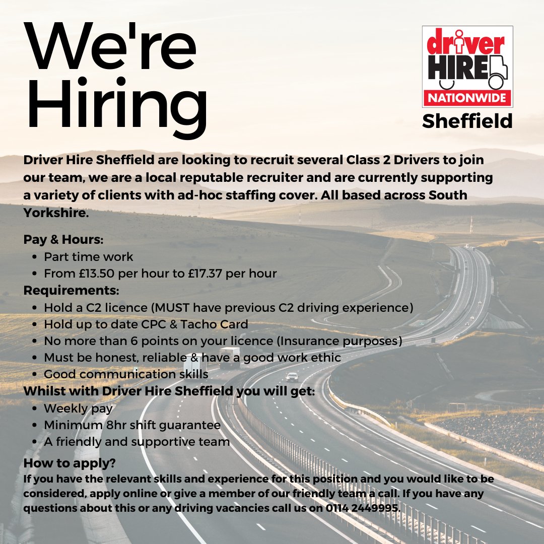 DriverHireSheff's tweet image. WE'RE HIRING...
Are you a reliable Class 2 Driver looking to earn some extra income? We can offer you a variety of enjoyable work. If you would like more information or if you would like to apply, give us a call on 0114 244 9995 #drivingwork #dhproud #drivingjob #drivingjobs