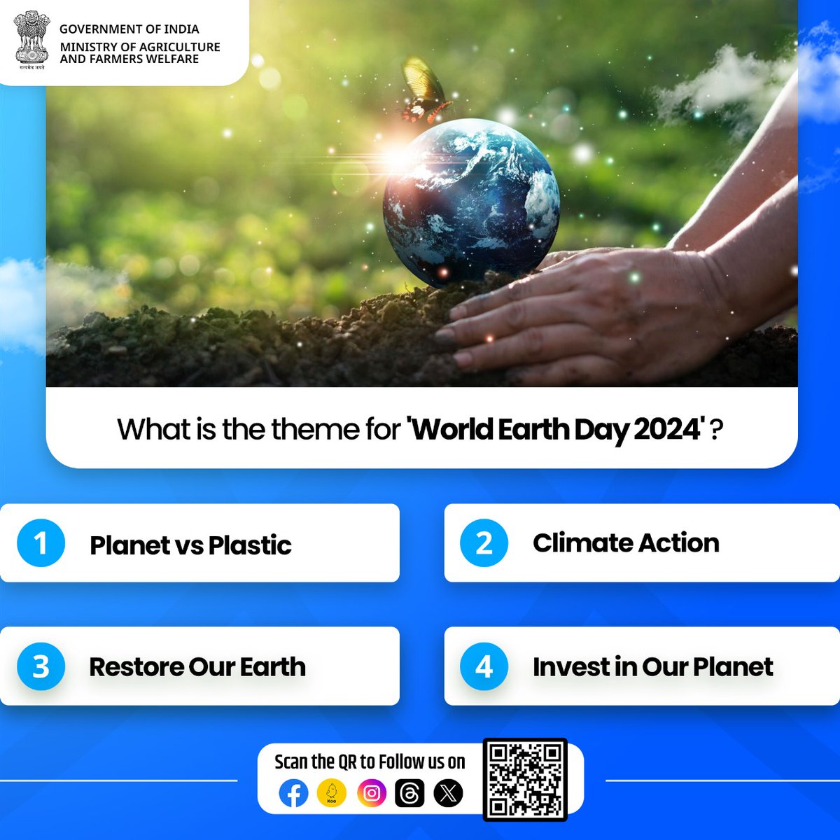 Test your knowledge on 'World Earth Day'! . What is the theme for 'World Earth Day 2024'? Let us know the answer in the comment down below. #agrigoi #EarthDay2024 #WorldEarthDay2024 #EarthDayEveryDay #QuizOfTheDay