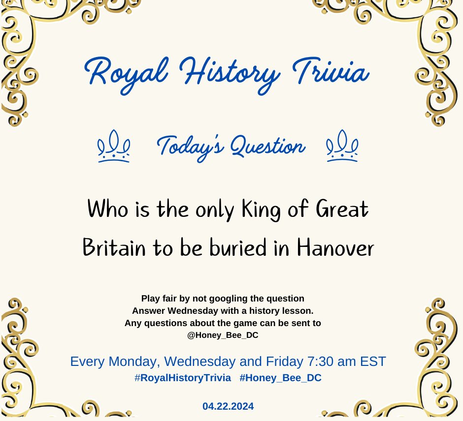 For our inaugural question, I am starting with something easy.  Ready...set...go...
#RoyalHistoryTrivia #Royals #Trivia #historyteacher #IStandWithTheRoyalFamily
@Montecit0Pearl