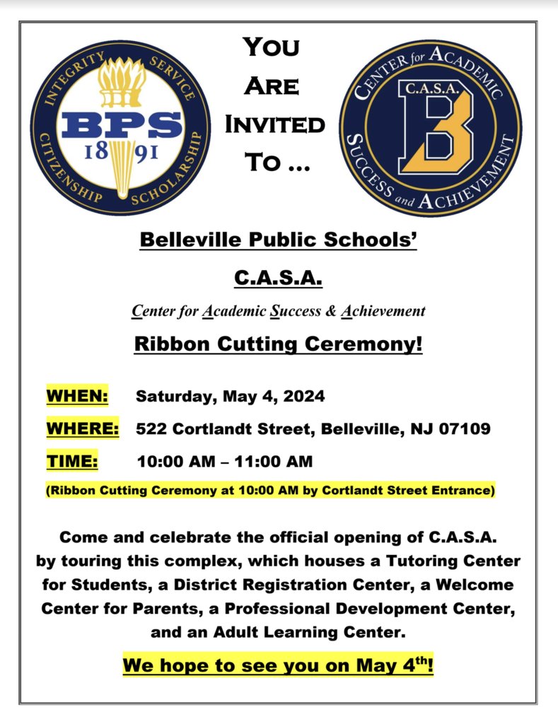 An Invitation to Belleville Public Schools' C.A.S.A. Ribbon Cutting Ceremony: Saturday, May 4, 2024 at 10:00 AM