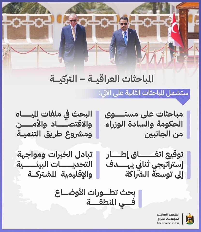 ماذا ستشمل المباحثات الثنائية بين العراق وتركيا والتي سيجريها رئيس مجلس الوزراء @mohamedshia مع الرئيس التركي @rterdogan_ar .
