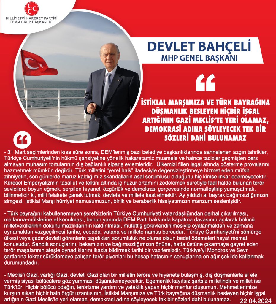 Genel Başkanımız Sayın Devlet Bahçeli @dbdevletbahceli: İstiklal Marşımıza ve Türk bayrağına düşmanlık besleyen hiçbir işgal artığının Gazi Meclis’te yeri olamaz, demokrasi adına söyleyecek tek bir sözleri dahi bulunamaz mhphaber.com/?p=10393