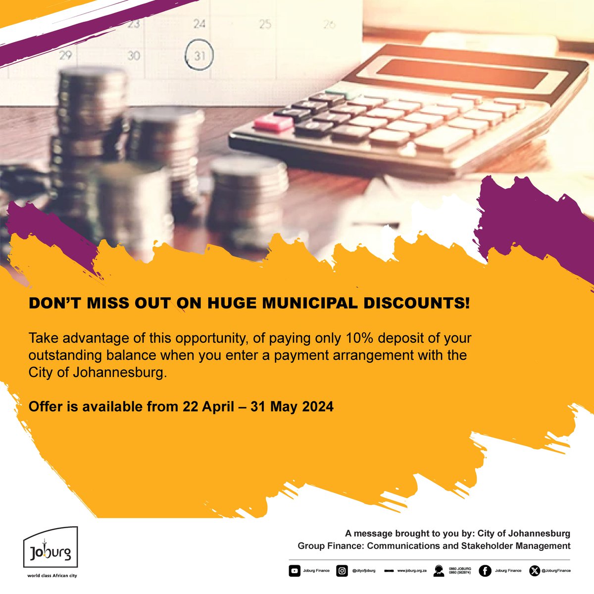 Customers can visit their nearest regional Customer Service Centre to take advantage of this opportunity or may contact the City’s Credit Control Department by emailing them on creditcontrol@joburg.org.za #PayYourDues #PayYourCOJBill #JoburgCrControl ^KS