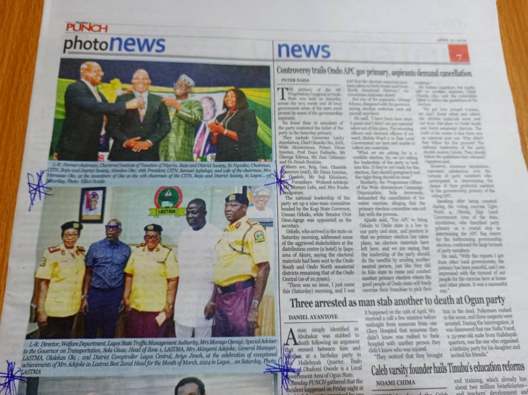Celebration of Exceptional Achievements of Mrs. Adejoke as LASTMA Best Zonal Head for the month of March, 2024 published inside Sunday Punch Newspaper 21st of April, 2024 on page 7. Gift presented to Mrs Adejoke by Special Adviser to the Governor on Transportation Hon. Sola Giwa.