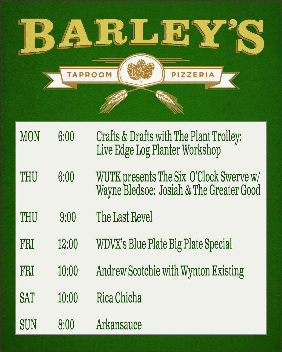 Happy Monday morning, #Knoxville! We've got an amazing week of live music lined up for you--but first come by this evening for another fun night of Crafts and Drafts with @ThePlantTrolley ! #BarleysKnoxville #OldCityKnox #KnoxvilleMusic