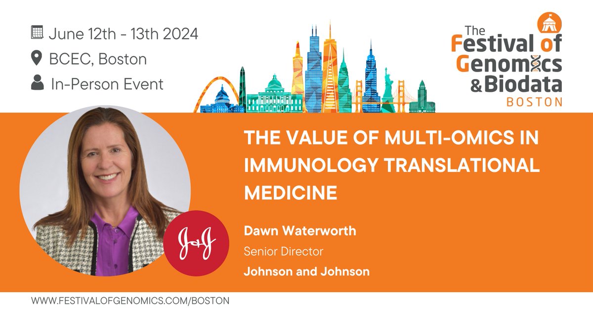 We’re pleased to share that Dawn Waterworth (Senior Director @JNJNews) will be speaking at The Festival of Genomics & Biodata in Boston, discussing the value of #multiomics in immunology translational medicine. Get your ticket now: hubs.la/Q02ty10J0 
#FOGBoston