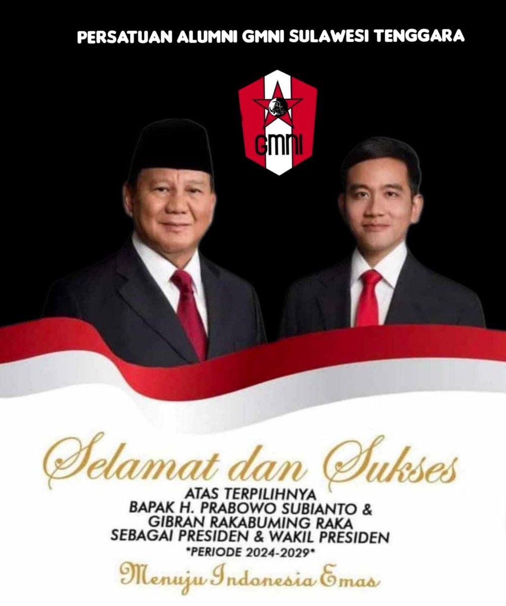 Persatuan Alumni (PA) GMNI Sultra mengucapkan selamat atas terpilihnya Bapak @prabowo dan bapak @gibran_tweet sebagai Presiden dan Wakil Presiden Republik Indonesia Periode 2024-2029. #presidenterpilih2024 #prabowosubianto #gibranrakabumingraka #pagmni #pagmnisultra #alumnigmni