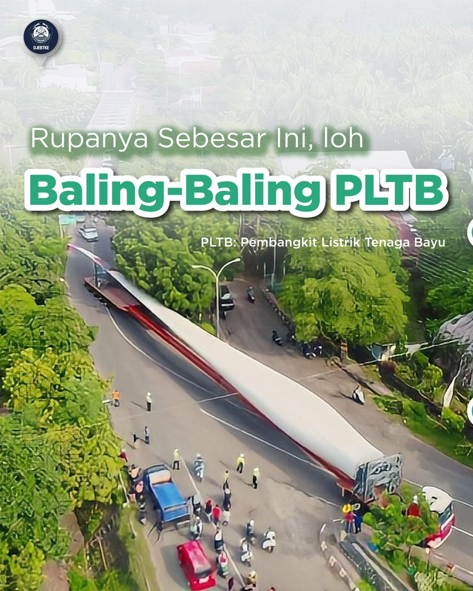 djebtke's tweet photo. Sobat Energi,
Kebayang ga sih, seberapa besar baling-baling yang digunakan di PLTB Sidrap ataupun PLTB Tolo Jeneponto?
Lihat proporsi orang di gambar berikut ya! Truknya pun khusus!
#pltb
#energiterbarukan
#angin
#bayu
#windpowerplant https://t.co/ytNeKO0pcC