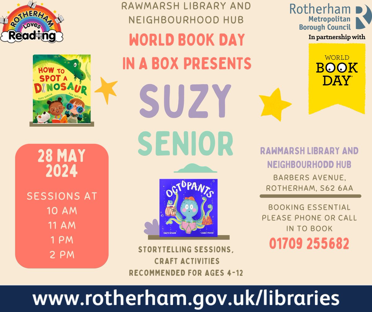 This upcoming half term we have an exciting storytelling event at Rawmarsh Library and Neighbourhood Hub with children's author @Suzy_Senior, there will be sessions throughout the day, contact the library to book a spot!