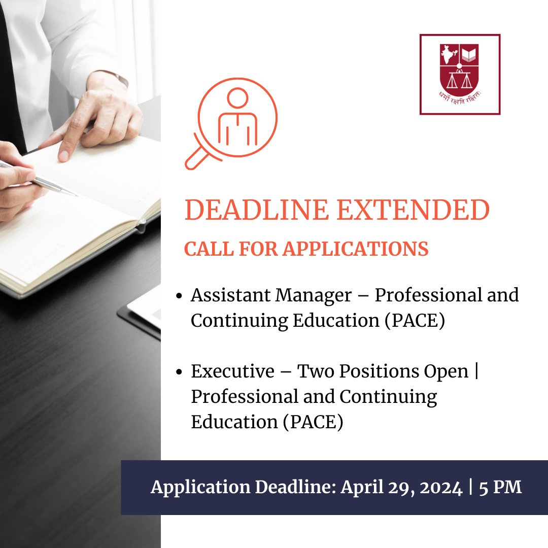 Deadline Extended! - Assistant Manager – Professional & Continuing Education (PACE) - Executive – Professional & Continuing Education (PACE) | Two Positions Application Deadline: April 29, 2024 | 5 PM Know more & apply nls.ac.in/news-and-event…