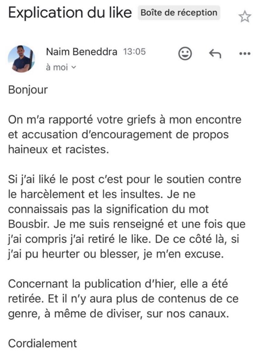 🚨 Aprés avoir liké un message où les marocains 🇲🇦 sont traités de "meute de bousbir" couplé à d'autres insultes du meme style,

<a href="/BeneddraNaim/">Beneddra Naïm</a> , redacteur 🇩🇿 de <a href="/GoalFrance/">GOAL France 🇫🇷</a> , s'est excusé en privé afin de faire baisser la pression.

🔔 Nous attendons cependant des excuses public