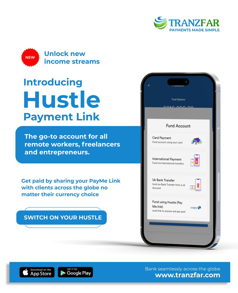 Fuel your hustle with our Hustle PayMe Link. Get paid by sharing your link with clients across the globe no matter their currency choice. From remote workers to freelancers to even entrepreneurs, we've got you covered. 

Switch on your hustle today!

#Tranzfar #HustlePayMeLink