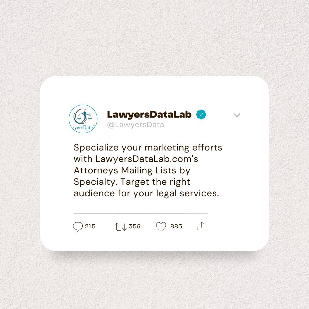 Target your audience effectively with #LawyersDataLab's Attorneys Mailing Lists by Specialty! 🎯 Connect with us at info@lawyersdatalab.com for niche-specific data. #LegalMarketing #TargetedLists