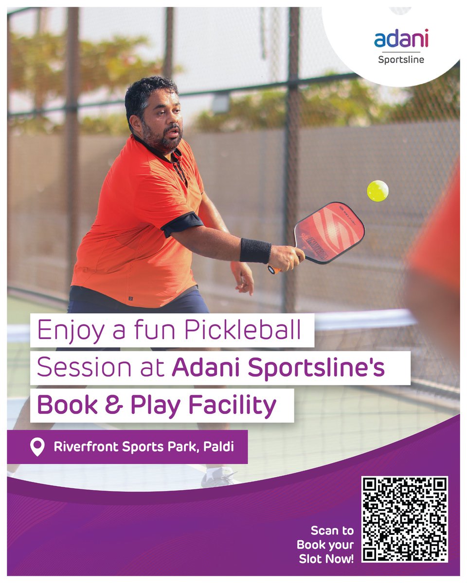 A time off with family and friends by the Sabarmati Riverfront! 🤩 Book your slot and have a fun session of pickleball at Riverfront Sports Park, Paldi! 💯 Scan the QR to book your slots! ⤵️ #AdaniSportsline