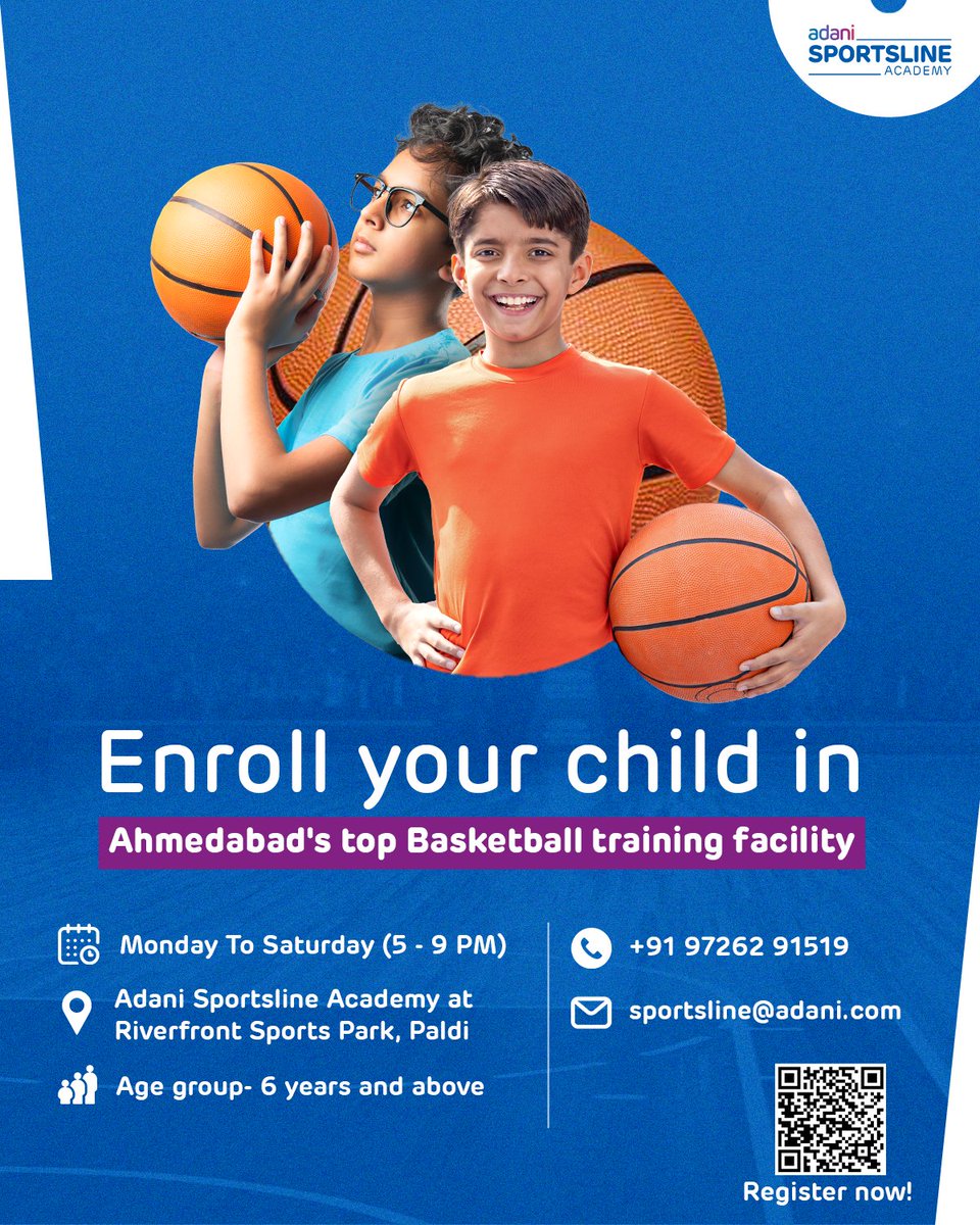 Want to turn pro in ⛹️‍♀️❓ Enroll your child in the #AdaniSportsline Basketball Academy and provide them the best training in our world-class facility! 🙌 Scan the QR code to register now! ⤵️ #Adani