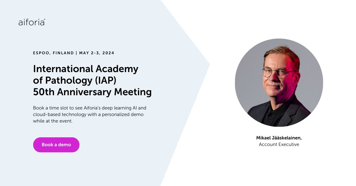 Aiforia will at the International Academy of Pathology (IAP), Suomen osasto 50th Anniversary Meeting on May 2-3 in Hanasaari, Espoo, Finland! Book a time slot for a personalized demo of Aiforia's deep learning AI and cloud-based technology at the event: hubs.lu/Q02tBg630