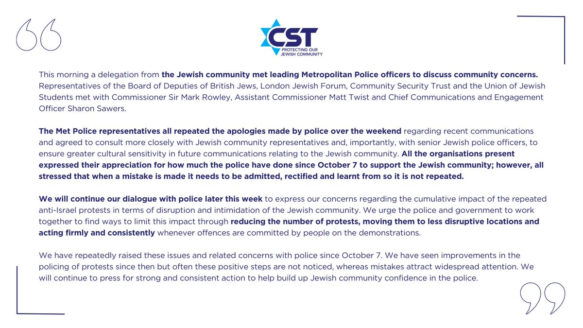 CST statement on the Jewish community meeting with senior police.