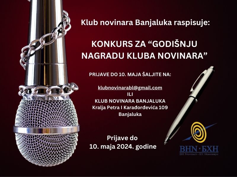 NovinariBL's tweet photo. Klub novinara Banjaluka raspisao je poziv za konkurs za dodjelu priznanja za Godišnju nagradu Kluba novinara za 2024. godinu.
Prijave slati na email: klubnovinarabl@gmail.com ili poštom, na adresu Kluba novinara Banjaluka, Kralja Petra I Karađorđevića 109. https://t.co/LJmJLDBO9c