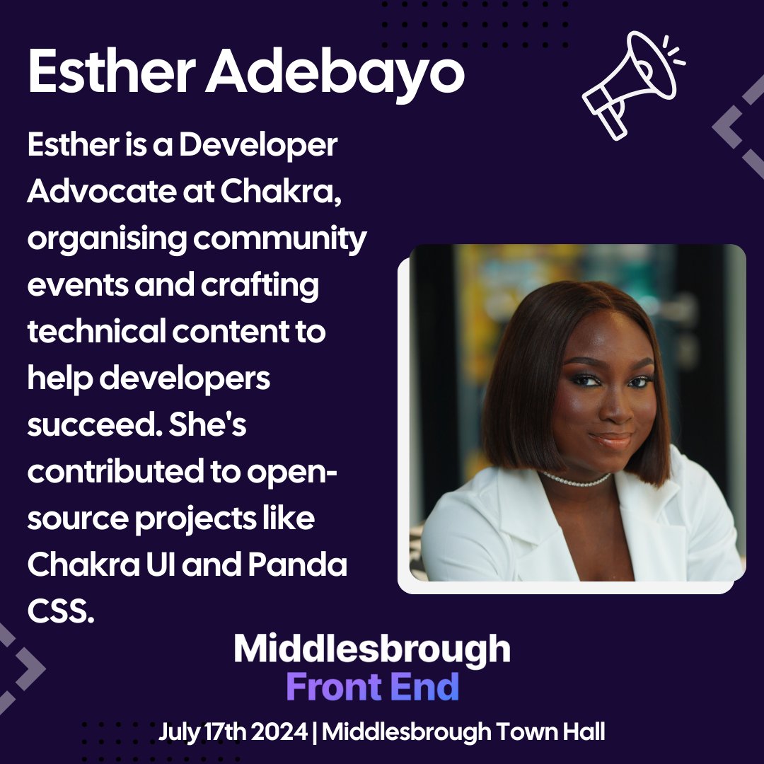 🎉 We're thrilled to announce Esther @_estheradebayo as our final keynote speaker for MFE2024! Esther, a Developer Advocate at Chakra, organises community events and crafts technical content to support platform developers, we can't wait to her talk! 🎫 middlesbroughfe.co.uk