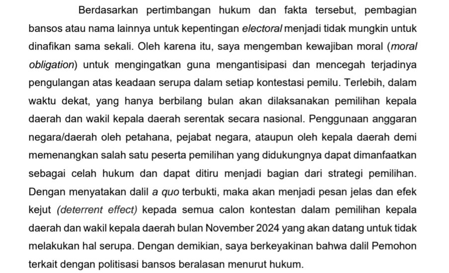 mfatahilahakbar's tweet photo. Salah satu pertimbangan Saldi Isra dalam Dissenting Opinion.

Jangan sampai Pilkada November 2024 menggunakan formula yang sama karena sudah berhasil di Pilpres Februari 2024.

Jadi gimana teman2..
Siap dgn Pilkada Serentak 2024? https://t.co/65nBm2y1aZ