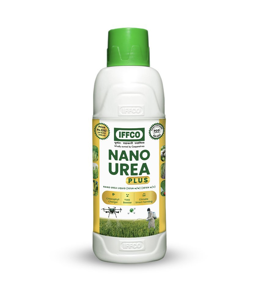 Glad to reveal the first look of IFFCO Nano Urea Plus bottle. Nano Urea Plus (Liquid) is an advanced formulation of Nano Urea with higher concentration of Nitrogen i.e 20% N w/v equivalent to 16% N w/w. It is environment friendly and applied to meet crop Nitrogen requirement at